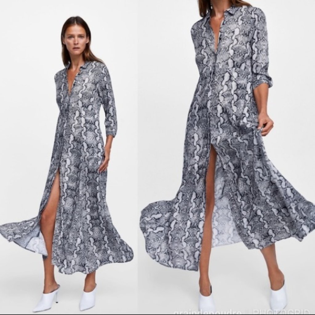 Zara Snake Print Maxi Shirt Dress Black Gray Animal Print Women’s Xs